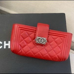 Authentic CHANEL Lambskin Quilted Mini Boy Phone Holder Clutch Red